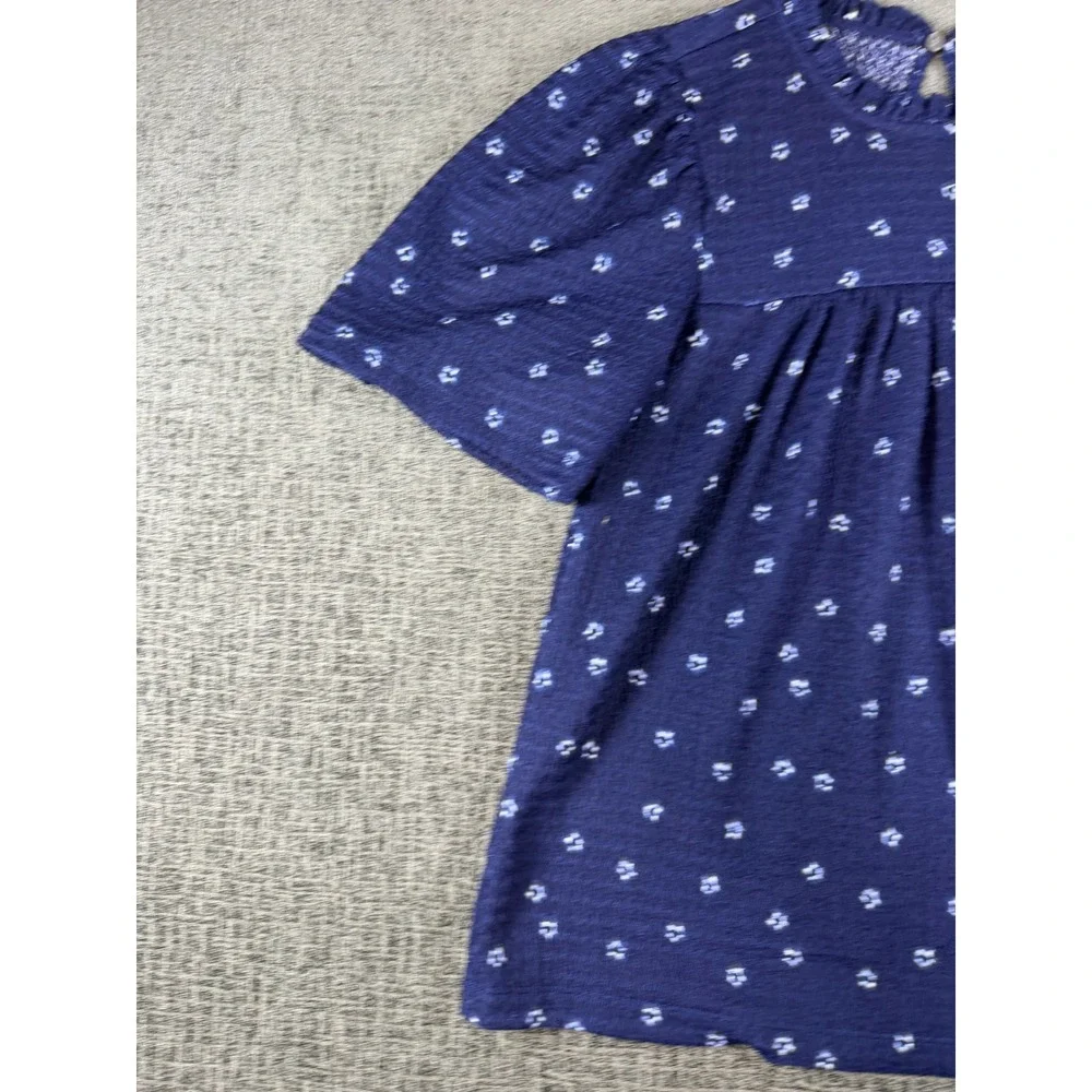 LOFT Navy Blue Floral Seersucker Ruffle Neck Puff Sleeve Blouse Small